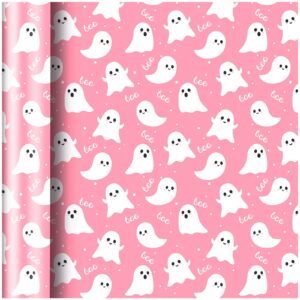 1 Roll Pink Ghost and Boo Wrapping Paper Mini Roll 17in x 32.8Ft Halloween Pink Ghost Print Gift Wrap Paper Cute Ghost Paper for Happy Boo Day Girls Baby Shower Birthday Party Supplies