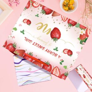 SUNDECO Strawberry Themed 1st Birthday Gift Bag with Red Tissue Paper and Card – Large Baby Girl Gift Bag for Birthday, Baby Shower, Berry First Birthday Decor, Baby Wrapping Paper Set