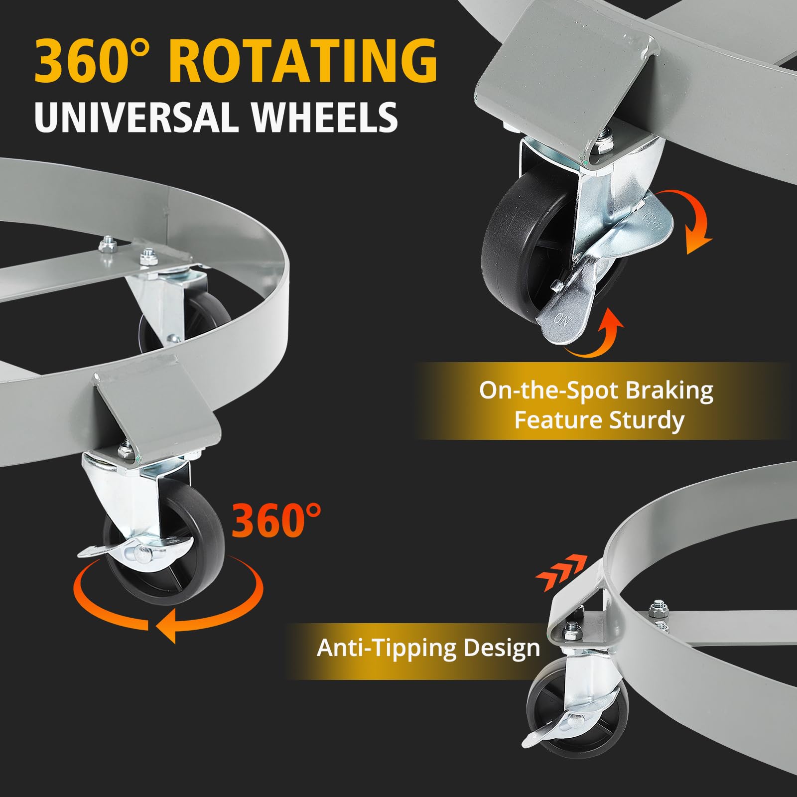 GarveeTech 55 Gallon Drum Dolly - 4 Wheels, 1000lbs Load Capacity, 67cm Outer Ring, 3" Universal Casters, 2 Braked Rollers