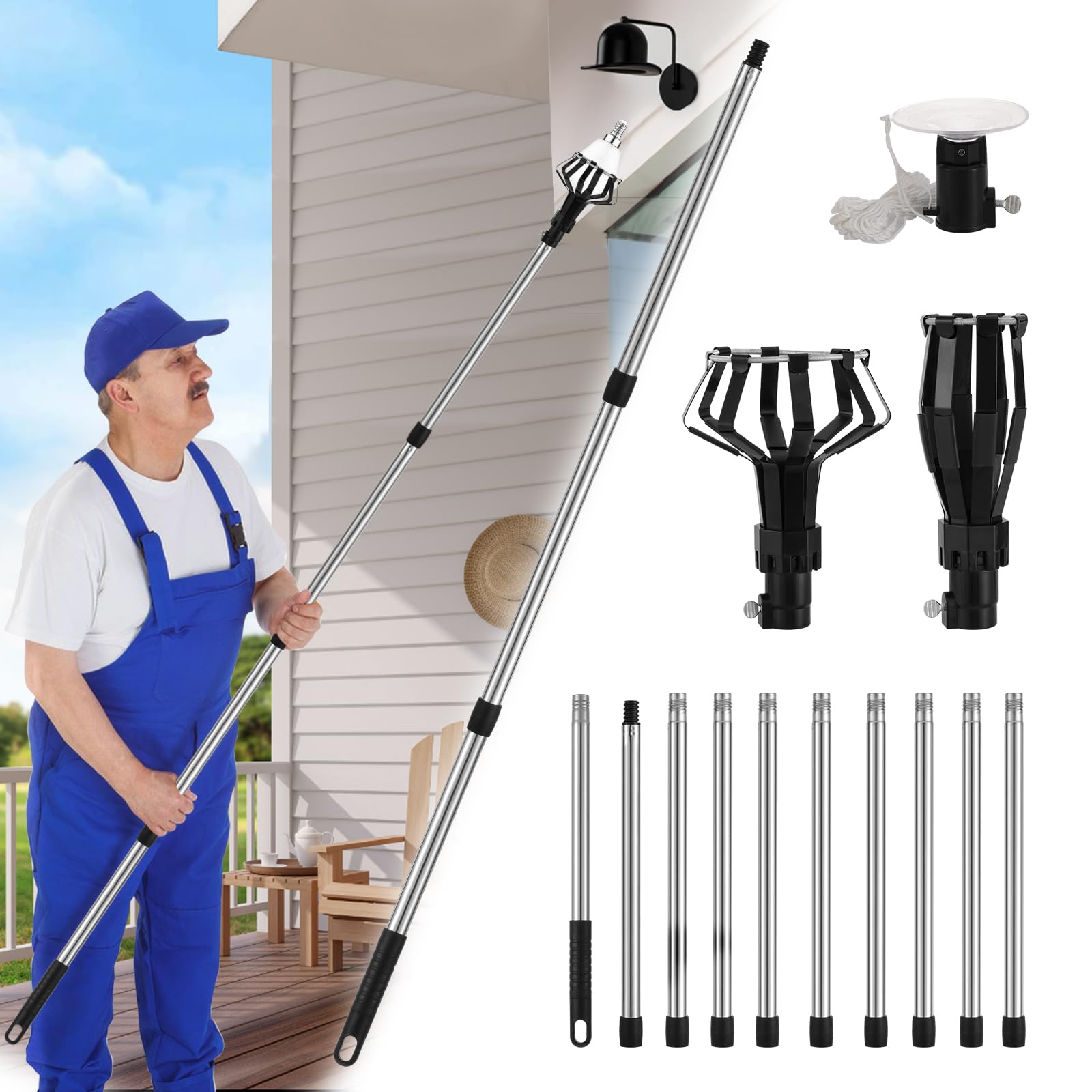 Run Pmy 12 FT Light Bulb Changer for High Ceilings, Light Bulb Changer with Pole, Telescopic Light Bulb Remover with Baskets and Suction Cup