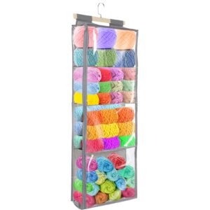 yexexinm hanging yarn storage with 4 large pockets, clear knitting organizer storage with zippers for crochet lovers, hanging yarn holder with over-door hooks for knitting needles crochet hooks