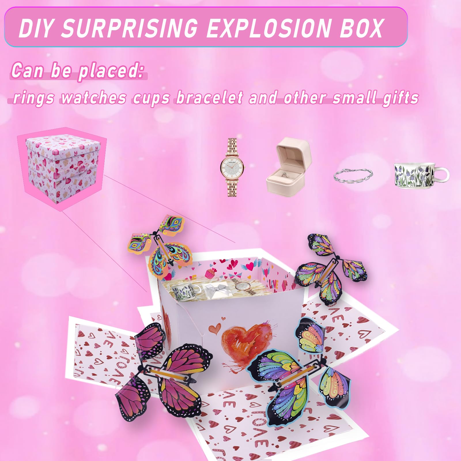 Butterfly Explosion Gift Box, Exploding Gifts Box with 4Pcs Butterflies, Flying Butterfly Surprise Box, Surprise Gifts Box for Birthday, Christmas, Wedding, Thanksgiving,Pink