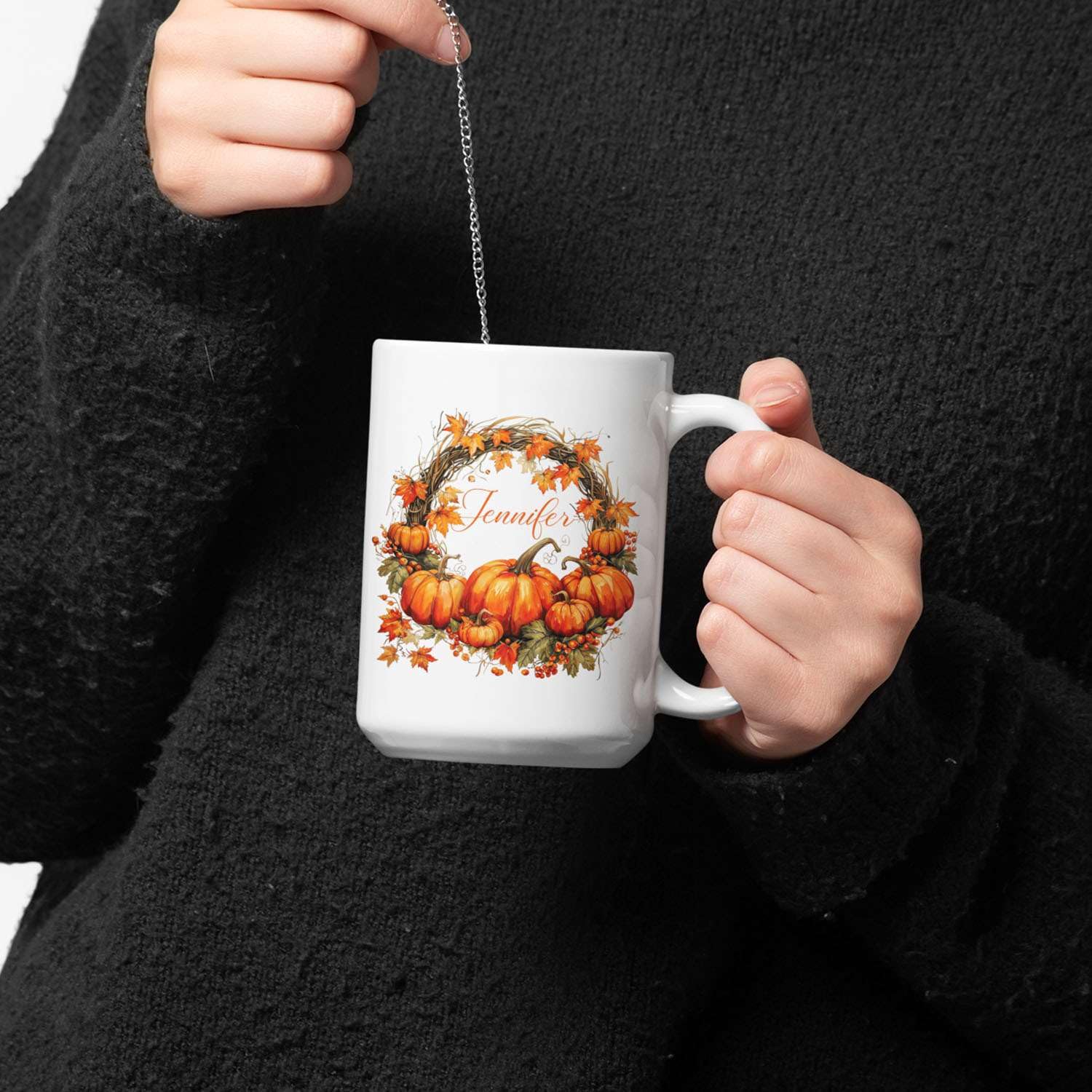 Beautiful Autumn Wreath Mug With Custom Name, Fall Pumpkin And Leaf Design Coffee Cup, Personalized Autumn Lover White Cup 15oz, Customized Fall Ceramic Mug For Friend Coworker