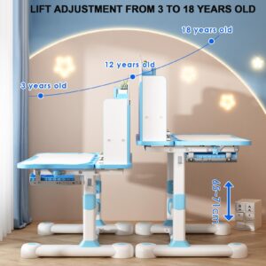 Kids Desk and Chair Set, Height Adjustable Kids Study Desk with Cartoon Pattern, Widened Tabletop, Tiltable Reading Stand, Back Support & Spine Protect, Prevent Myopia, for Boys & Girls (Pink-B)