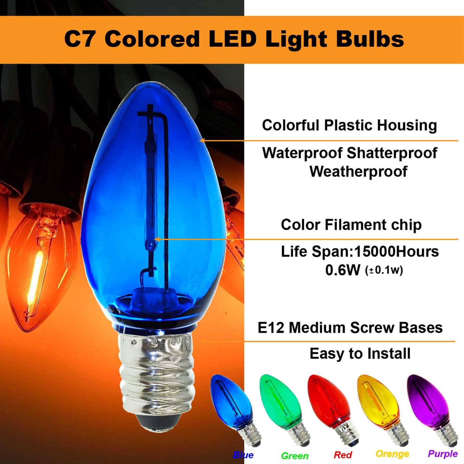 abulber 25 Pack C7 LED Christmas Light Bulb,Shatterproof,Waterproof,Plastic Led Replacement Bulbs for Indoor Outdoor String Lights,E12 Candelabra Base Multi-Colored