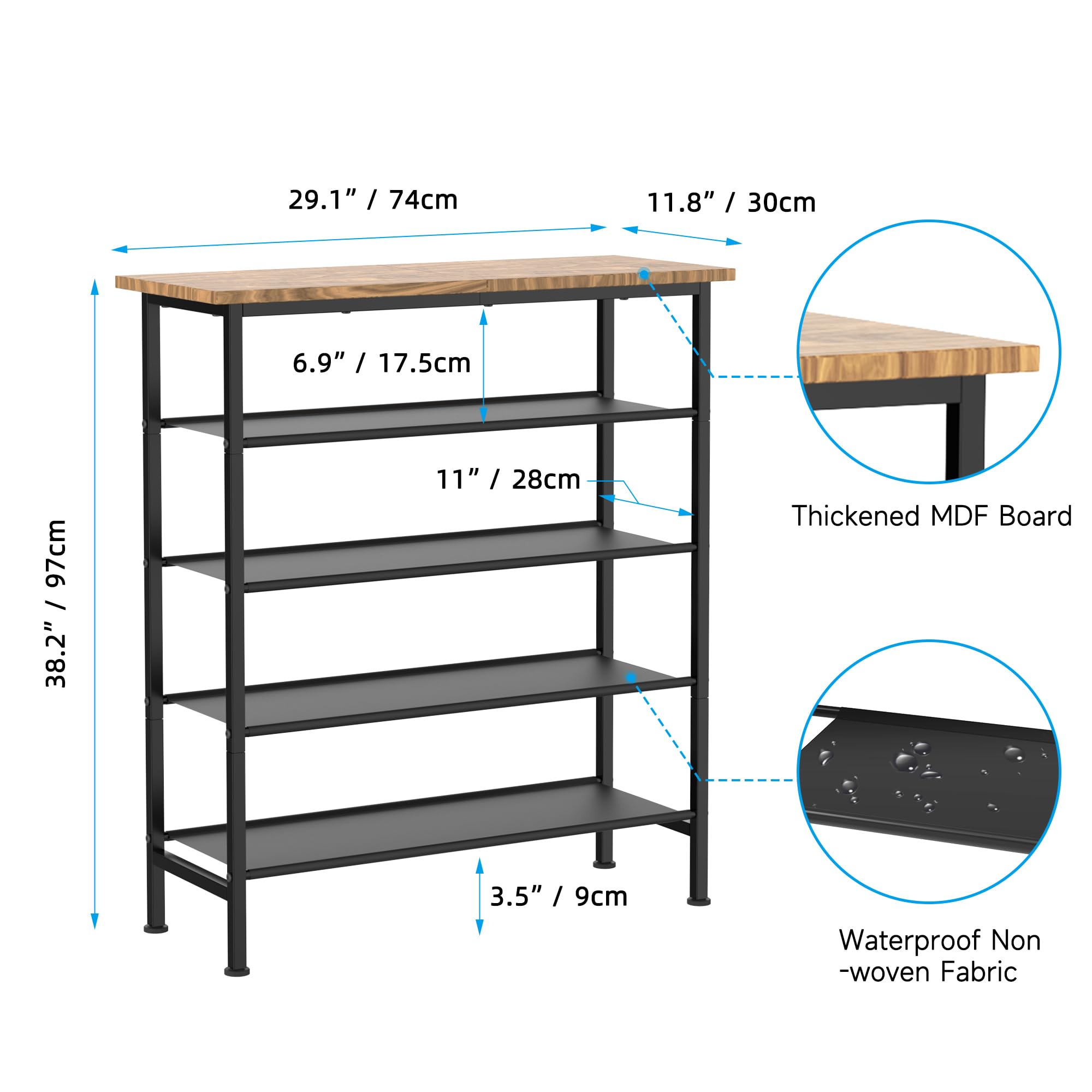 isightguard Shoe Rack Organizer, 5 Tier Shoe Storage Rack, Shoe Shelf Holds 16-20 Pairs of Shoes, Shoe Tower for Closet Entryway, Free Standing Shoe Racks with Sturdy Wooden Top Panel and Steel Frame