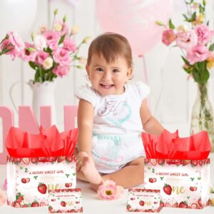 SUNDECO Strawberry Themed 1st Birthday Gift Bag with Red Tissue Paper and Card – Large Baby Girl Gift Bag for Birthday, Baby Shower, Berry First Birthday Decor, Baby Wrapping Paper Set