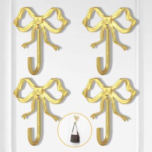 xhipy 4 pcs gold bow wall hooks, gold coat hooks, metal hooks, bow room decor hooks for coats, coffee mugs, hats, bags, bath towels and room decorations