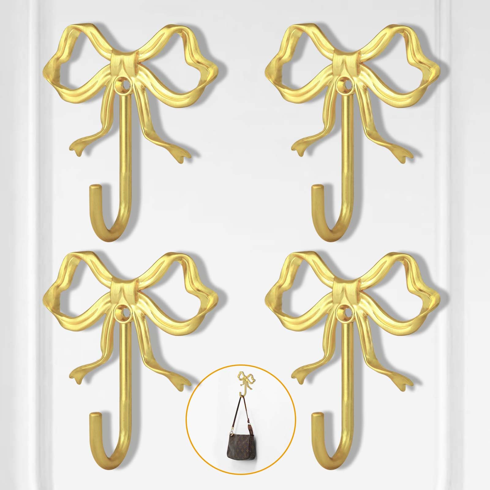 XHIPY 4 PCS Gold Bow Wall Hooks, Gold Coat Hooks, Metal Hooks, Bow Room Decor Hooks for Coats, Coffee Mugs, Hats, Bags, Bath Towels and Room Decorations