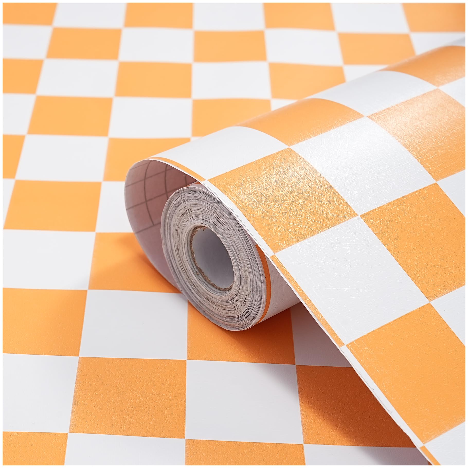 Modern Peel and Stick Wallpaper Orange and White Mosaic Checkered Contact Paper 17.7"x78.8" Self Adhesive Lattice Wallpaper Removable Decorative Wallpaper for Bedroom Countertops Cabinet Vinyl Roll