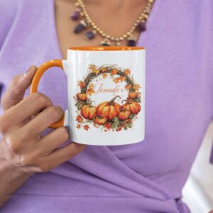 Beautiful Autumn Wreath Mug With Custom Name, Fall Pumpkin And Leaf Design Coffee Cup, Personalized Autumn Lover White Cup 15oz, Customized Fall Ceramic Mug For Friend Coworker