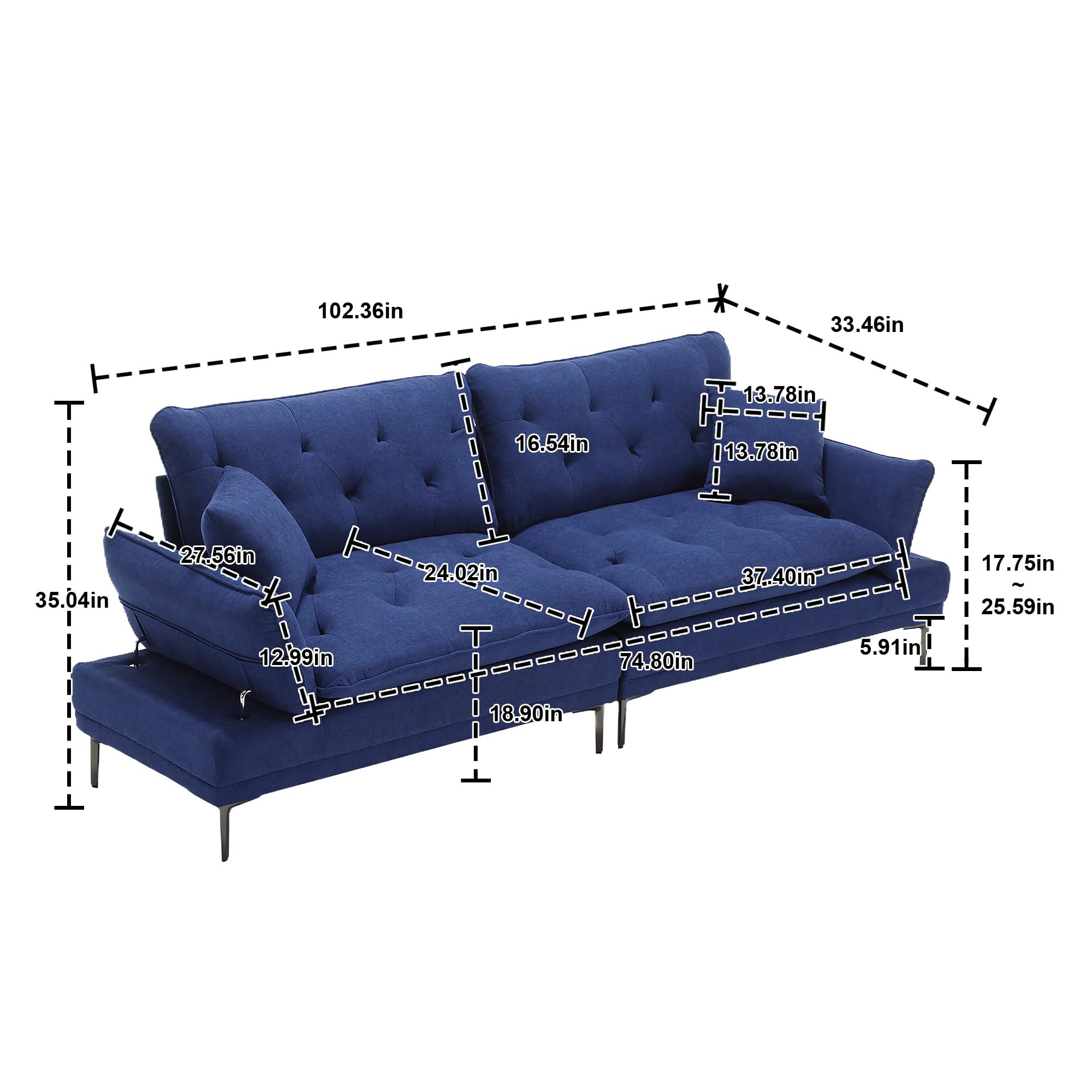 TZXTW Comfy Loveseat with Adjustable Armrest, Small Couches for Small Spaces, Convertible Sleeper Sofa Bed with Metal Feet, Upholstered Futon Sofa, for Living Room, Bedroom, Apartment, Office,Blue