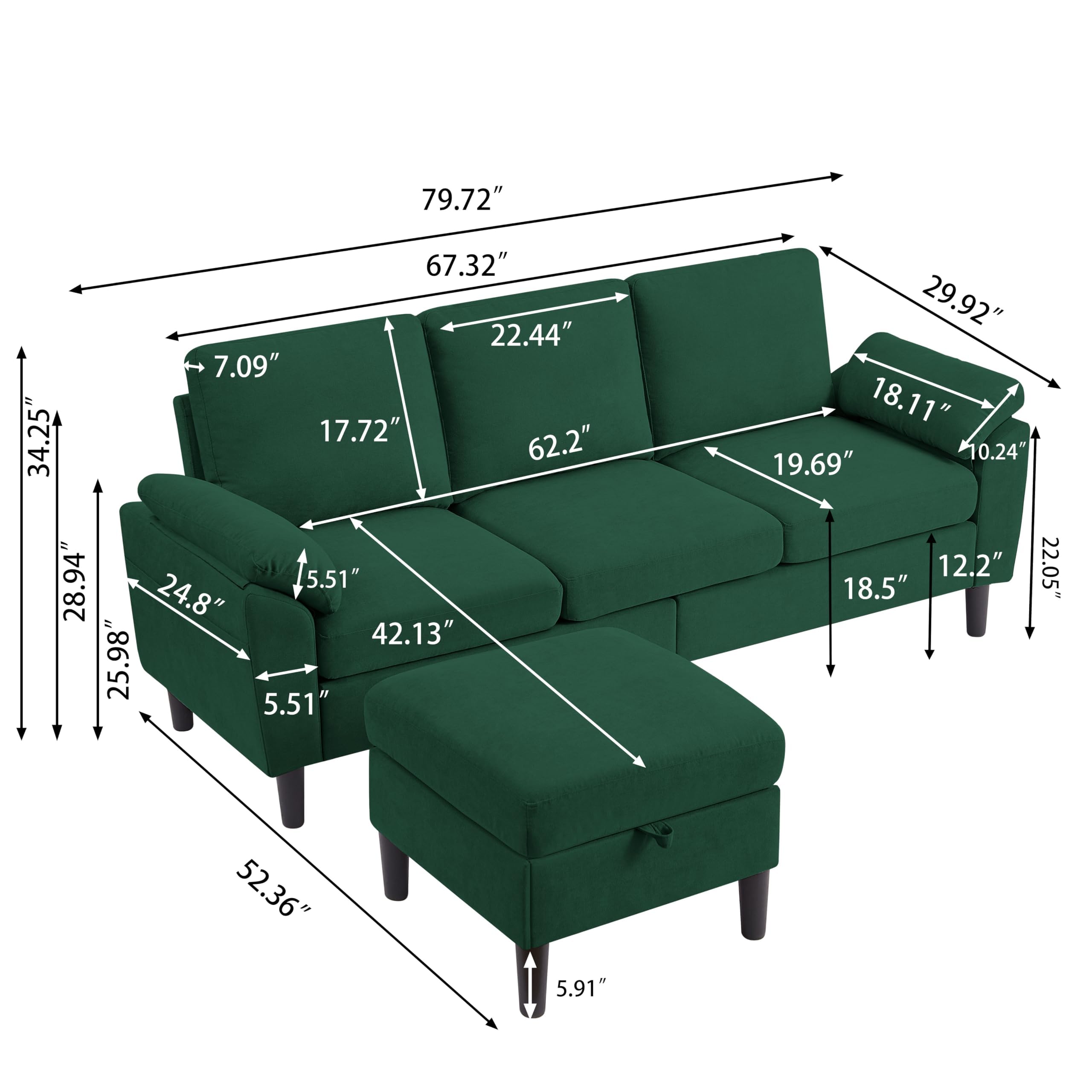 Chireca 80" Convertible Sectional Sofa, Small L Shaped 3 Seat Couch with Reversible Storage Chaise, Modern Polyester Fabric Sofa Couches for Living Room, Apartment and Small Space, Green