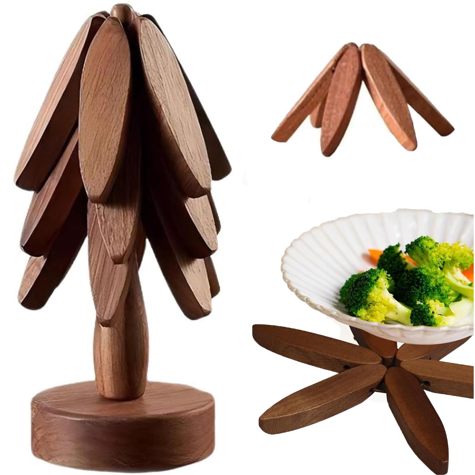 Wooden Tree Coasters, Wooden Trivets for Hot Dishes,Walnut Tree Shape Table Insulation Mat Set for Hot Pots and Pans Heat Resistant Pads for Kitchen Counter (Walnut, M, 3 Wooden Trivet + 1 Stand)