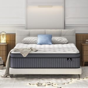 queen size mattress, upgrade strengthen 14 inch firm hybrid queen mattress in a box, mattress queen size with memory foam and independent pocket springs, strong edge support, release pressure