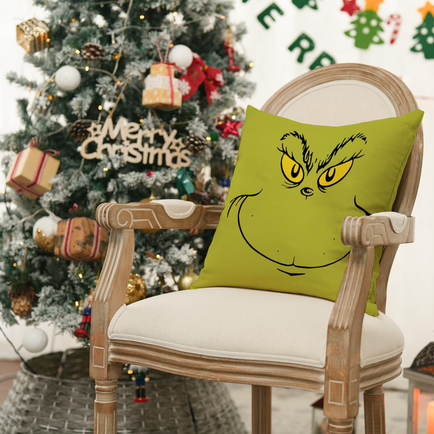 Yaofavo Christmas Decorative Throw Pillow Cover, Merry Grinchmas Cushion Covers Xmas, Green Face Pack of 2 Pillowcase Only (Green Face, 18 x 18 Inch)