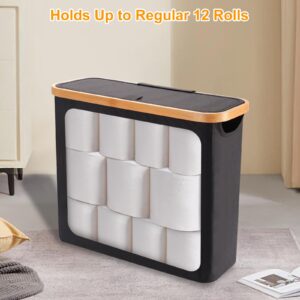 Toilet Paper Basket, Toilet Paper Storage Basket with Bamboo Handle and Lid, Toilet Paper Storage Holder Up to 12 Mega Rolls, Good Ventilation, Durable (Black)