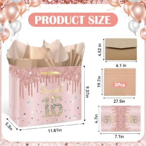 GOLDCROW Sweet 16 Gift Bag with Tissue Paper and Birthday Card Rose Gold 16th Birthday Gift Wrap Bag for Girls 16th Bday Bag with Wrapping Paper Sweet 16 Party Supplies Decorations