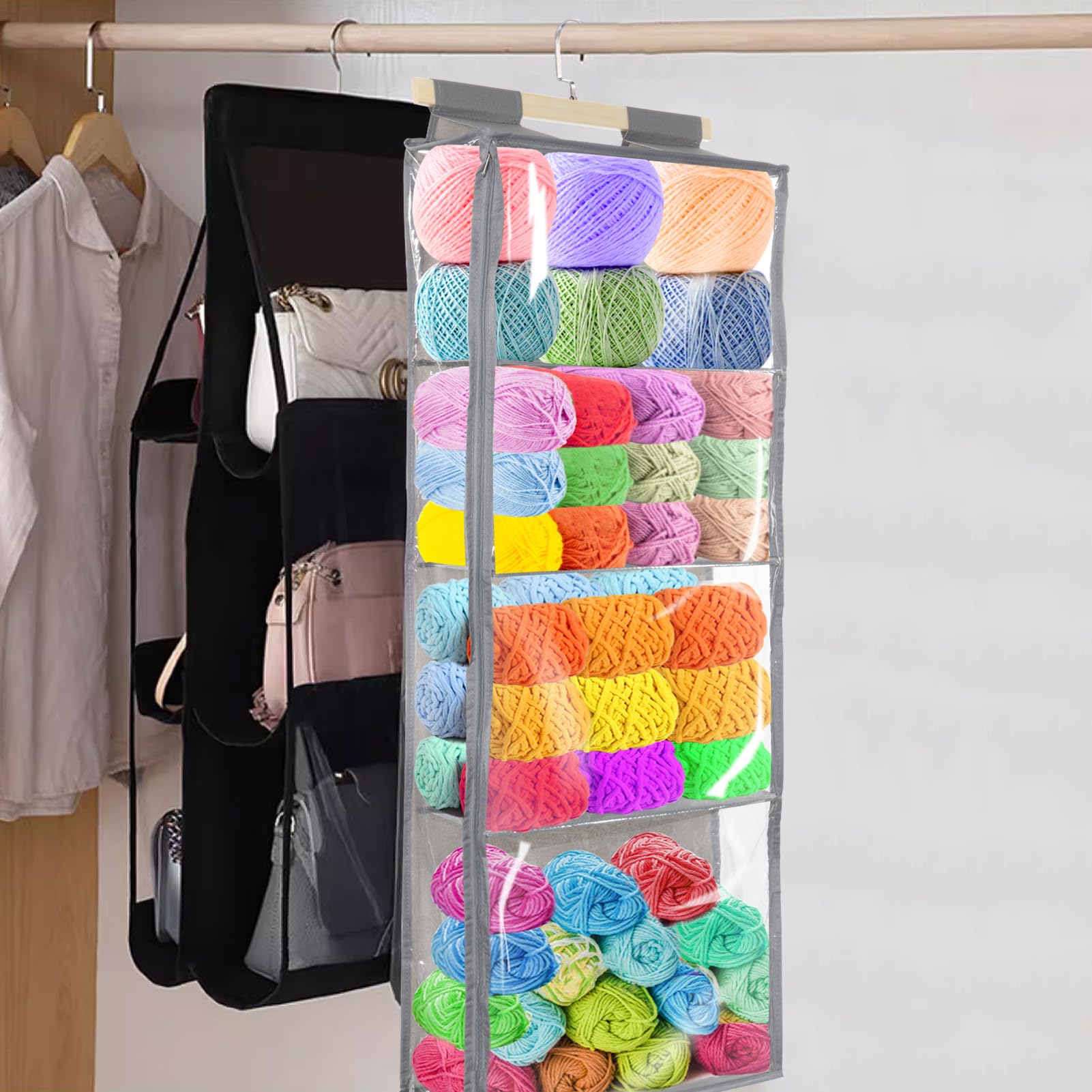 YEXEXINM Hanging Yarn Storage with 4 Large Pockets, Clear Knitting Organizer Storage with Zippers for Crochet Lovers, Hanging Yarn Holder with Over-Door Hooks for Knitting Needles Crochet Hooks