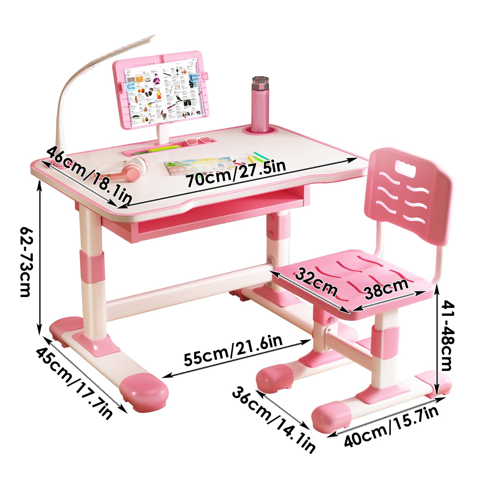 Cuteam Kids Study Desk Chair Set, Height Adjustable Toddlers Writing Table with Tiltable Reading Stand, Living Room Bedroom Children Learning Table with Extra Large Drawer (Pink)