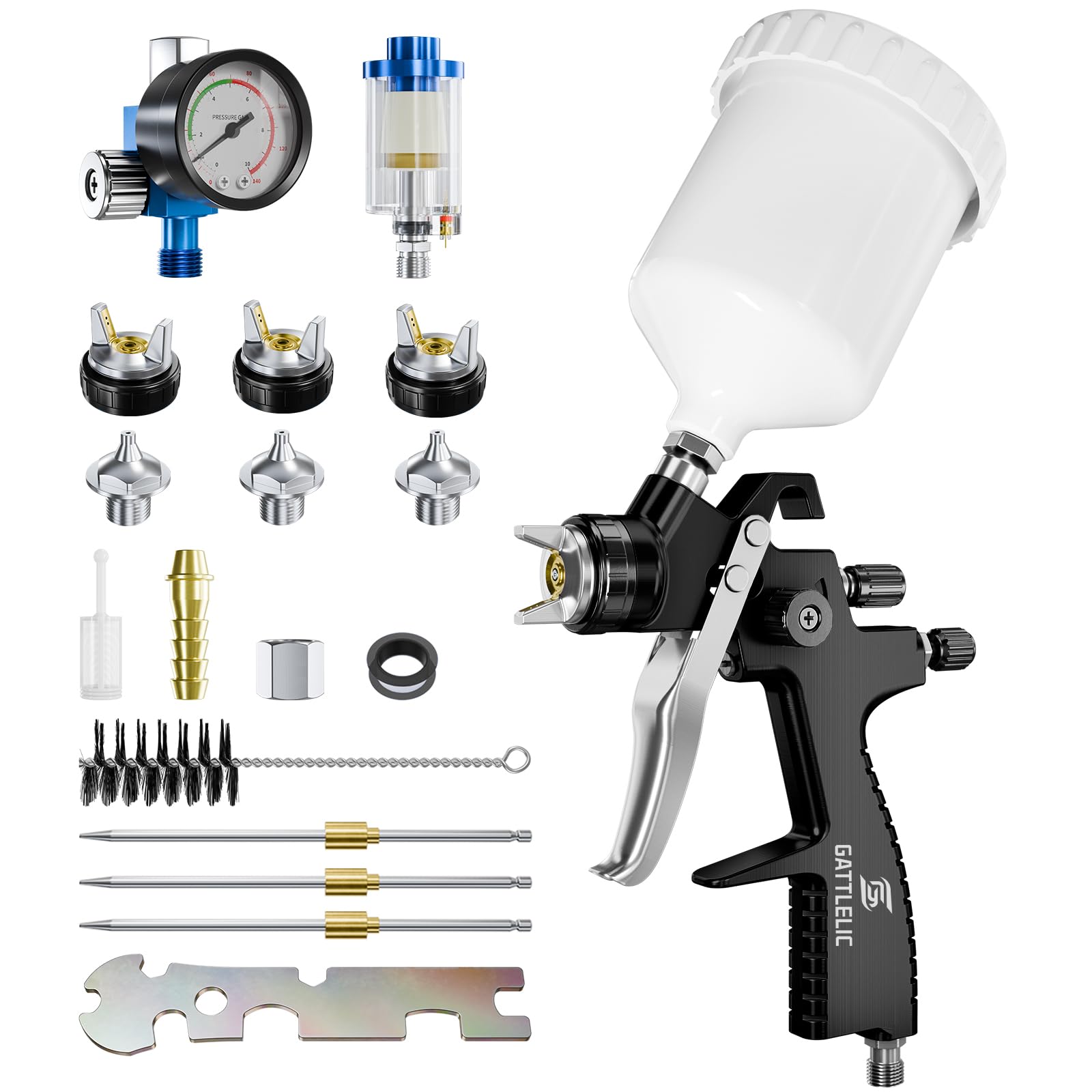 LVLP Air Spray Gun Premium Kit with 1.3/1.5/1.7mm Nozzle & Air Regulator,Automotive Paint Gun Sprayer,Car Paint Gun Sprayer,Air Paint Sprayer Gun for Cars & House DIY Painting(Black)