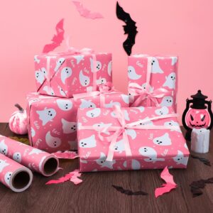 1 Roll Pink Ghost and Boo Wrapping Paper Mini Roll 17in x 32.8Ft Halloween Pink Ghost Print Gift Wrap Paper Cute Ghost Paper for Happy Boo Day Girls Baby Shower Birthday Party Supplies