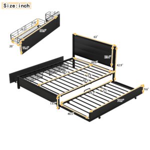 Bellemave Queen Size Bed Frame with Twin Size Trundle and 2 Storage Drawers, Metal Platform Bed Frame with Headboard, Queen Storage Bed with Trundle for Bedroom, No Box Spring Needed (Queen)