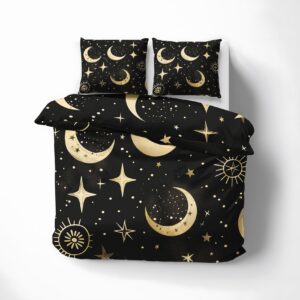 FJWXCBD Moon and Star Duvet Cover Full Size, Celestial Witchy Pattern Bedding Set 3 Piece for Bedroom Decor, Cosmic Duvet Cover & 2 Pillow Shams, with Zipper & Ties, Super Soft Microfiber