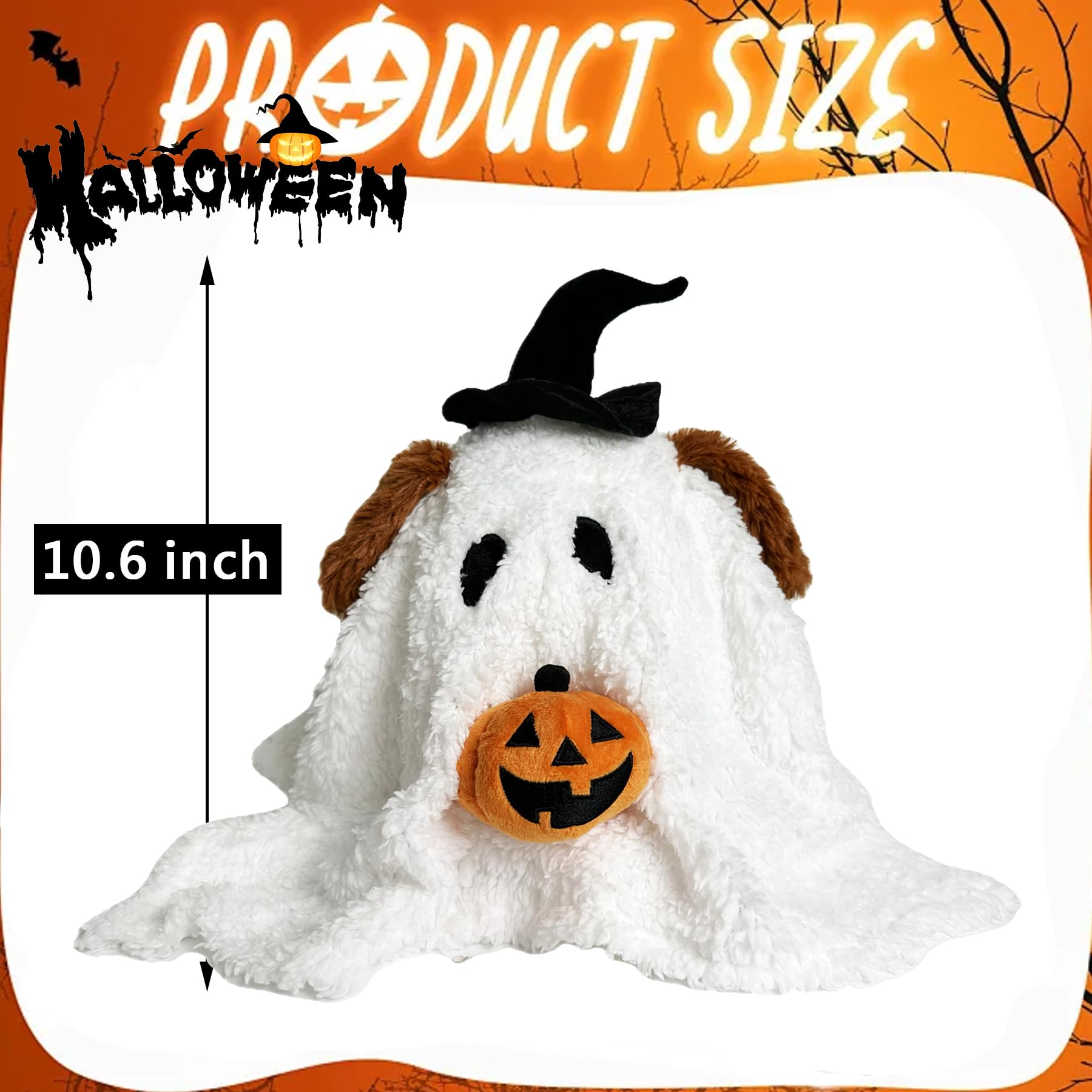 Rdogeia Ghost with Pumpkin Pillow,Dog Ghost Holding Pumpkin Plush,Cute Halloween Toys Halloween Stuffed Animal,Halloween Party Favors,Halloween Treat Bag Stuffers Gifts Kids Boys Girls