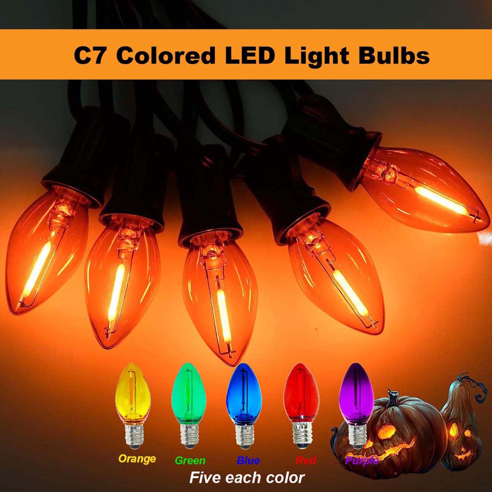 abulber 25 Pack C7 LED Christmas Light Bulb,Shatterproof,Waterproof,Plastic Led Replacement Bulbs for Indoor Outdoor String Lights,E12 Candelabra Base Multi-Colored