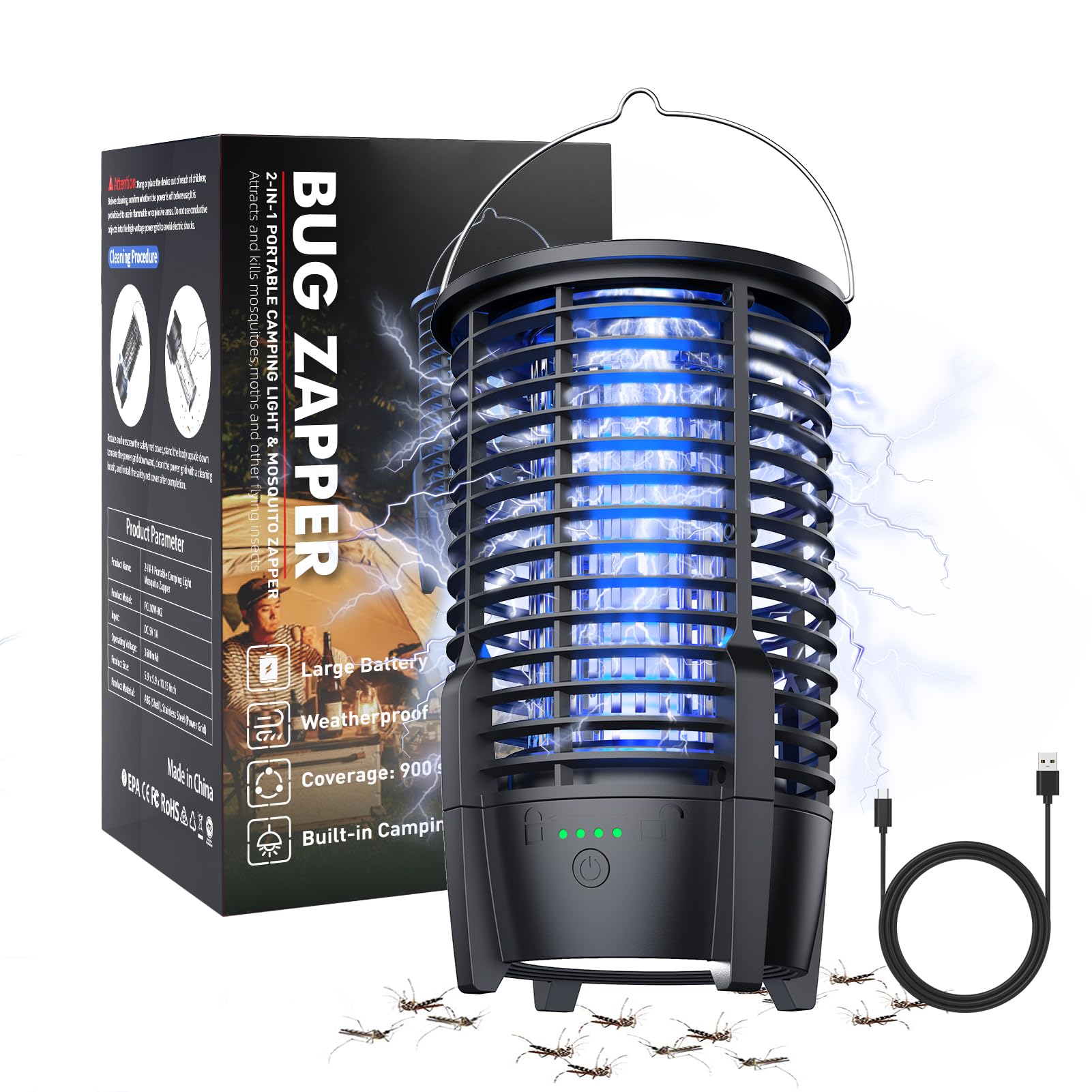 Bug Zapper for Indoor and Outdoor, Rechargeable Mosquito Zapper, Portable Electric Fly Killer, Insect Trap with LED Light, Ideal for Backyard, Patio, Camping, and Fishing