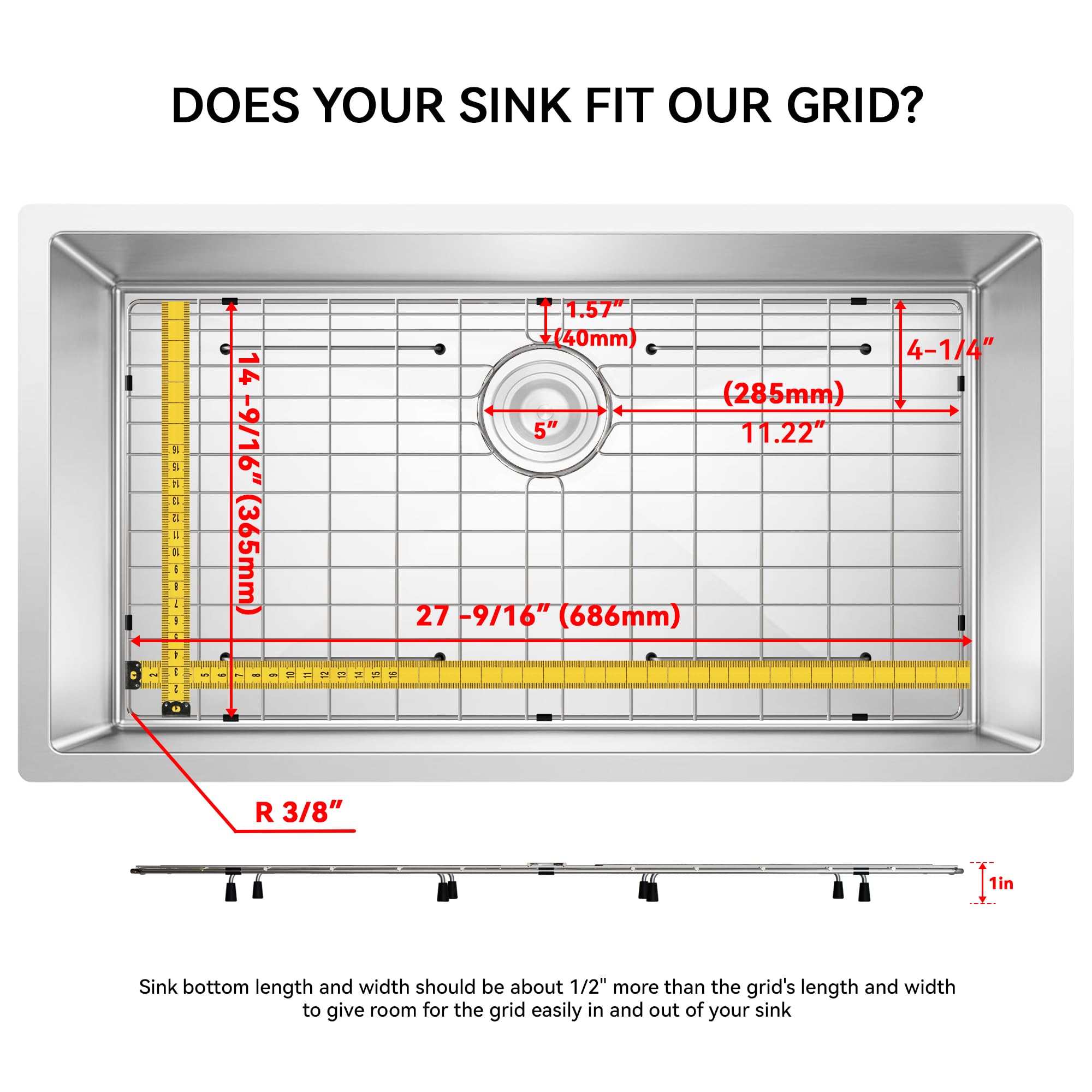 Sink Protector Grid, Sink Grids for Bottom of Kitchen Sink with Corner Radius 3-1/2",27-9/16" x 14-9/16" Sink Protector, Stainless Steel Material (27.7"W x 14.7"D x 1"H)