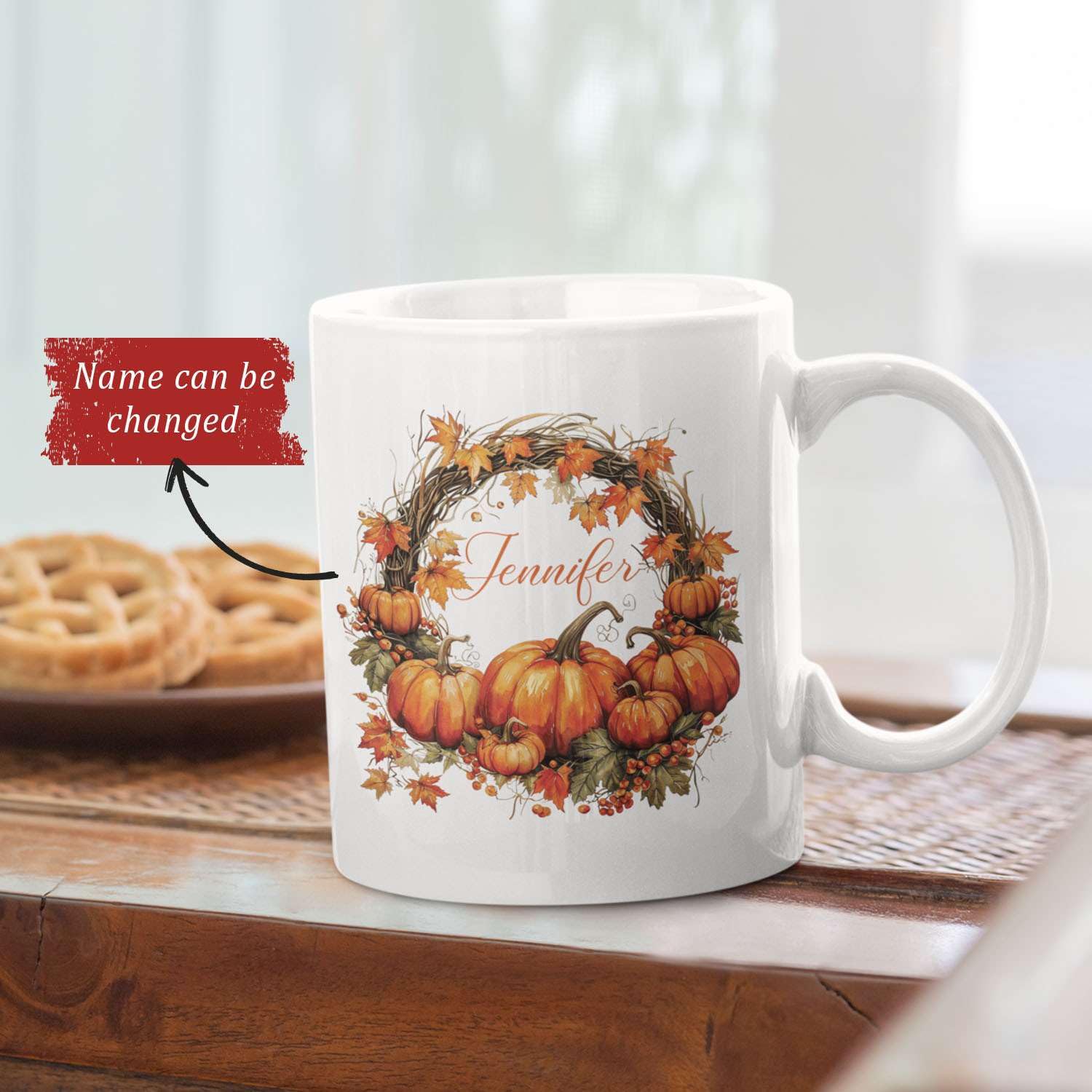 Beautiful Autumn Wreath Mug With Custom Name, Fall Pumpkin And Leaf Design Coffee Cup, Personalized Autumn Lover White Cup 15oz, Customized Fall Ceramic Mug For Friend Coworker