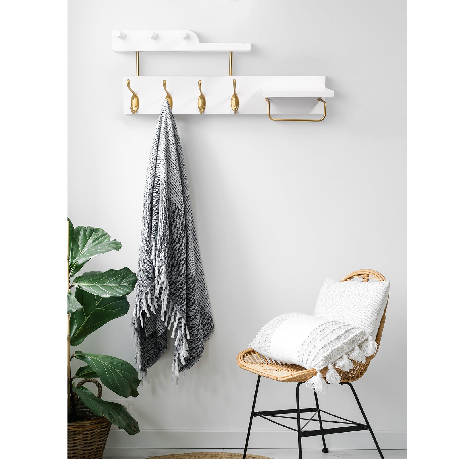 Lampaggio Coat Rack Wall Mount with Shelf, 4 in 1 Wood Coat Hooks with Key and Mail Holder, 17 Inch Entryway Hanging Shelf with Sunglasses Holder and 4 Metal Hooks for Clothes Hats Bag, White and Gold