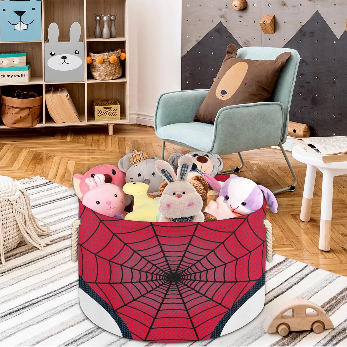 LLCXCSI Storage Baskets, Foldable Round Organizer Bins with Dual Handles Nursery Closet Shelf Storage Cube Box for Clothing, Books, Cosmetic, Toys, (Red Spider Web,19.4"x13.3")