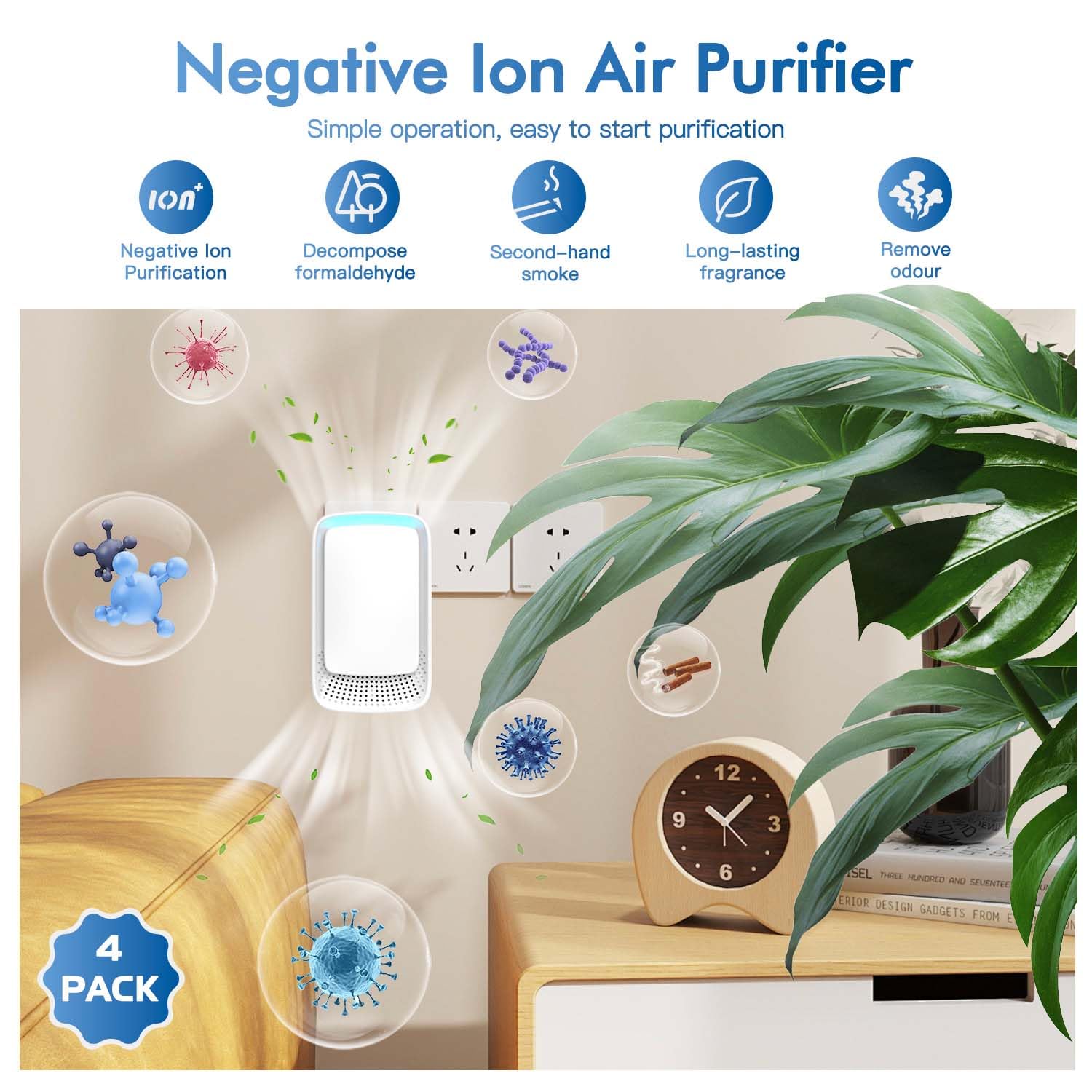 Plug In Air Ionizers - Negative Ion Technology Air Purifier - Quiet Operation Air Freshener for Home, Bedroom, Office, Garage Room - Portable Air Purifiers Odor,Pets Smell - Air Cleaner White (4 Pack）