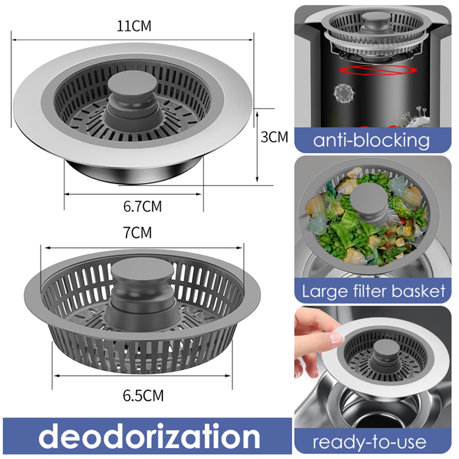 IKY Upgraded 3 in 1 Kitchen Sink Drain Strainer and Stopper Combo,Stainless Steel Metal Kitchen Sink Stopper,Kitchen Drain Strainer Stopper for US Standard 3-1/2 Inch Drain