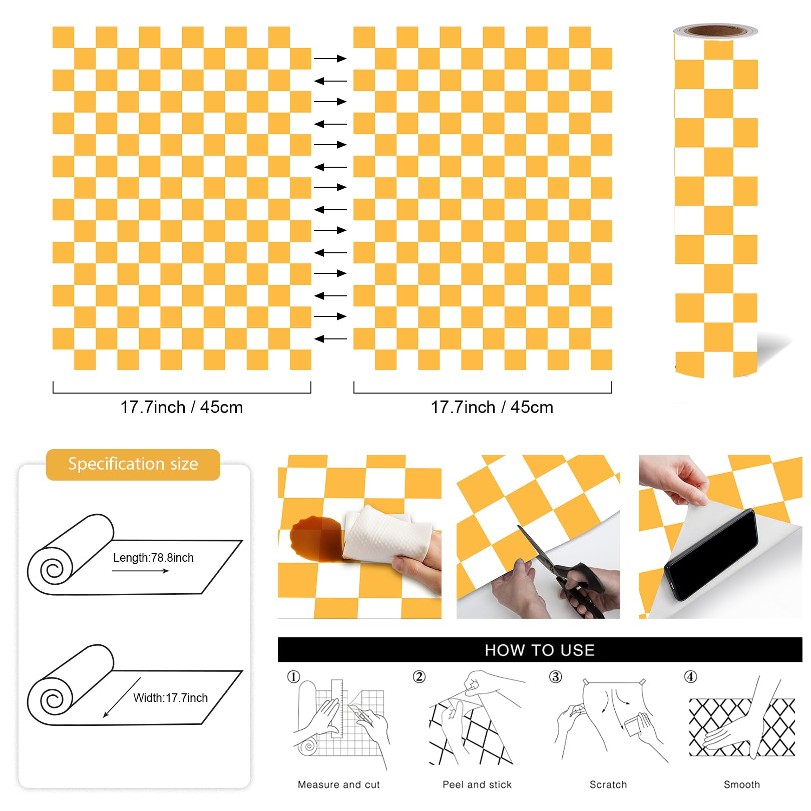 Modern Peel and Stick Wallpaper Orange and White Mosaic Checkered Contact Paper 17.7"x78.8" Self Adhesive Lattice Wallpaper Removable Decorative Wallpaper for Bedroom Countertops Cabinet Vinyl Roll