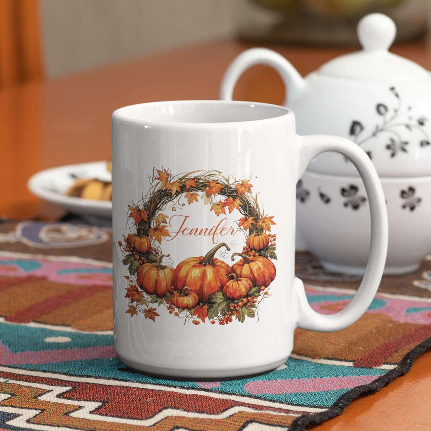 Beautiful Autumn Wreath Mug With Custom Name, Fall Pumpkin And Leaf Design Coffee Cup, Personalized Autumn Lover White Cup 15oz, Customized Fall Ceramic Mug For Friend Coworker