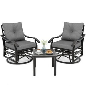 udpatio outdoor swivel rocker chairs, 3 piece metal patio rocking chairs with grey padded cushions patio bistro furniture set with side table for porch balcony backyard, grey