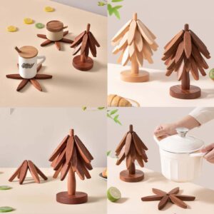 Tree Coasters, Wooden Trivets for Hot Dishes, Trivets for Hot Pots and Pans, 4 Wooden Trivet with Stand, Tree Shape Trivet Set Coaster for Hot Dishes, Pot, Bowl, Coffee, Teapot, Walnut