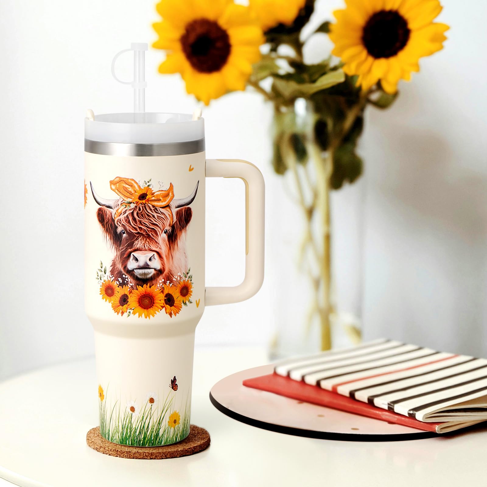 LiqCool Highland Cow Gifts-40 Oz Tumbler with Handle, Cow Print Gifts for Girls Who Love Highland Cow Cup, Cow Theme Stuff Birthday Gifts for Farmers Cow Lovers(Full Printing)