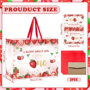 SUNDECO Strawberry Themed 1st Birthday Gift Bag with Red Tissue Paper and Card – Large Baby Girl Gift Bag for Birthday, Baby Shower, Berry First Birthday Decor, Baby Wrapping Paper Set