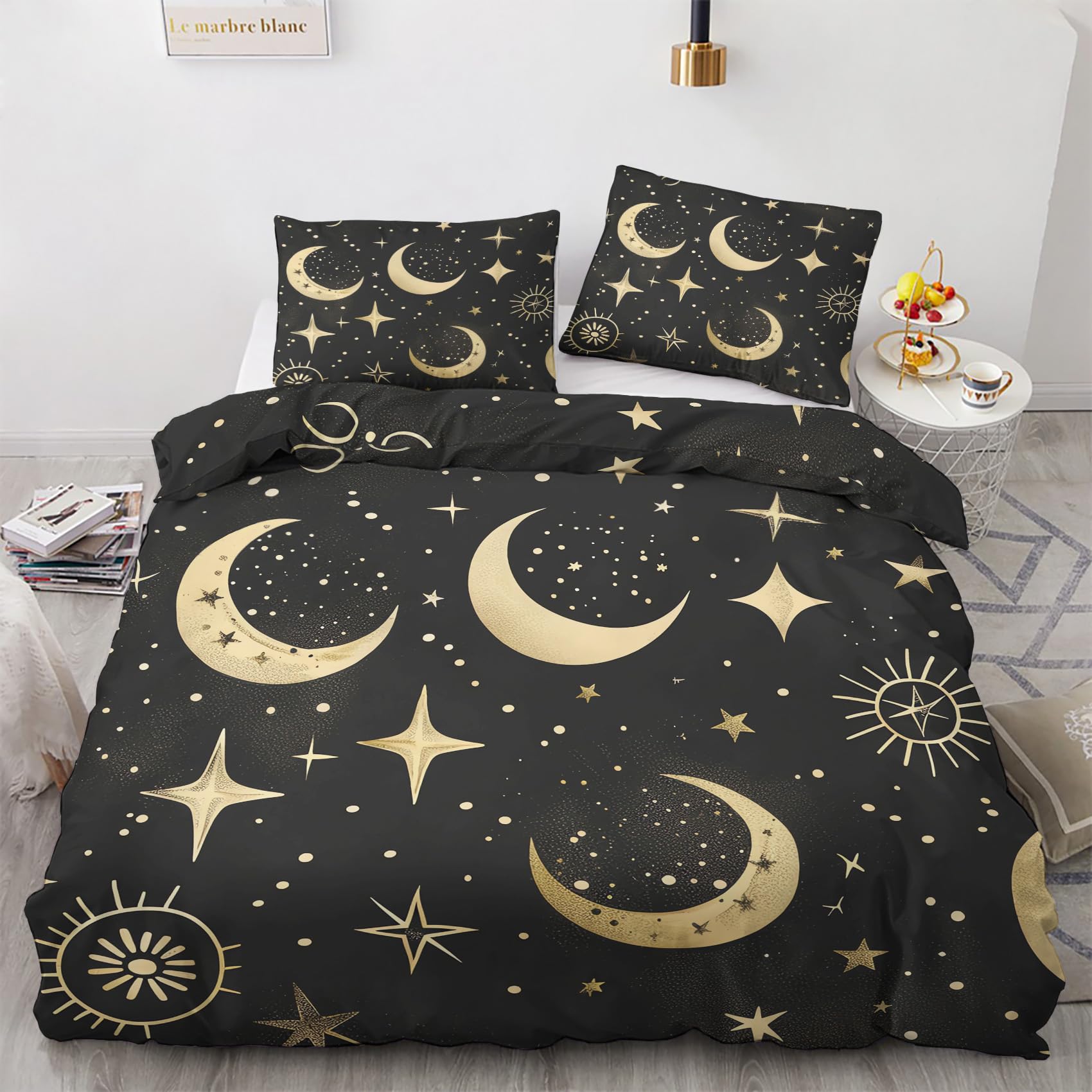 FJWXCBD Moon and Star Duvet Cover Full Size, Celestial Witchy Pattern Bedding Set 3 Piece for Bedroom Decor, Cosmic Duvet Cover & 2 Pillow Shams, with Zipper & Ties, Super Soft Microfiber