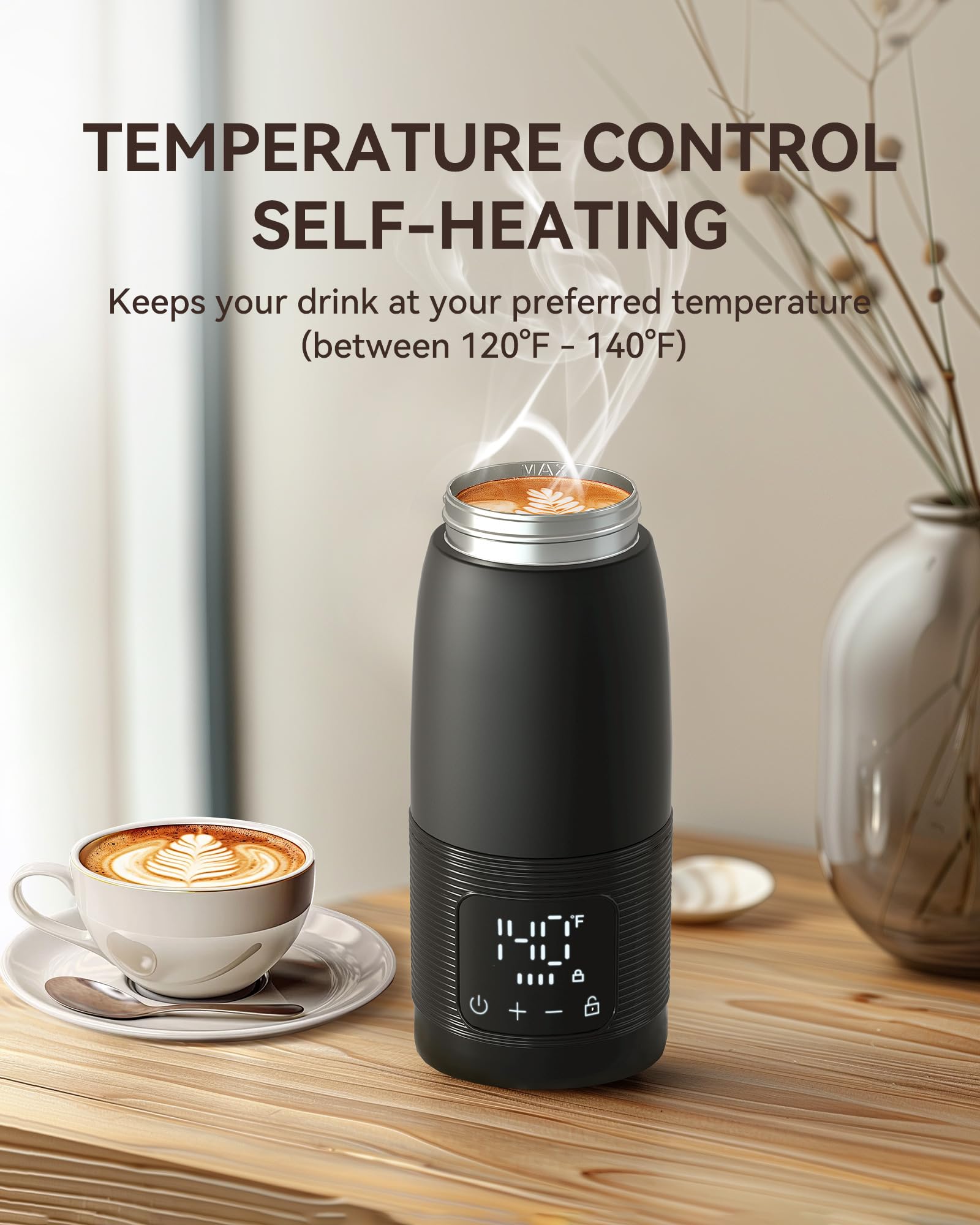 Smart Temperature Control Heated Coffee Mug with 6-10H Battery Life & LED Display, 12 Oz Self Warming Rechargeable Coffee Tumbler with Leak-Proof Lid, for Travel, Road Trip, Camping, Hiking, Car, etc