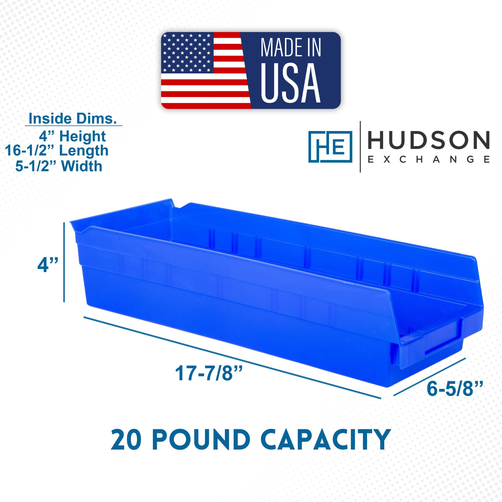 Hudson Exchange 18 x 6 x 4" Plastic Nesting Storage 18” Shelf Bin Container - 20 lb Capacity (Blue)