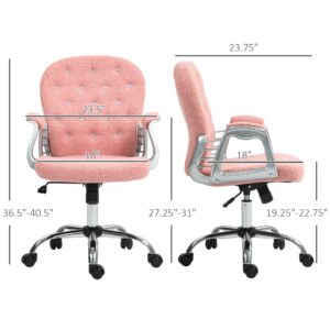 Vinsetto Teddy Fleece Home Office Chair, Button Tufted Desk Chair with Padded Armrests, Adjustable Height and Swivel Wheels, Pink