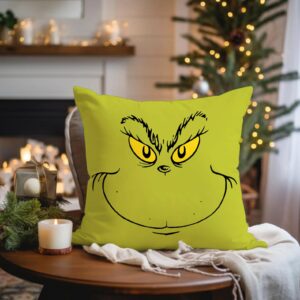 Yaofavo Christmas Decorative Throw Pillow Cover, Merry Grinchmas Cushion Covers Xmas, Green Face Pack of 2 Pillowcase Only (Green Face, 18 x 18 Inch)