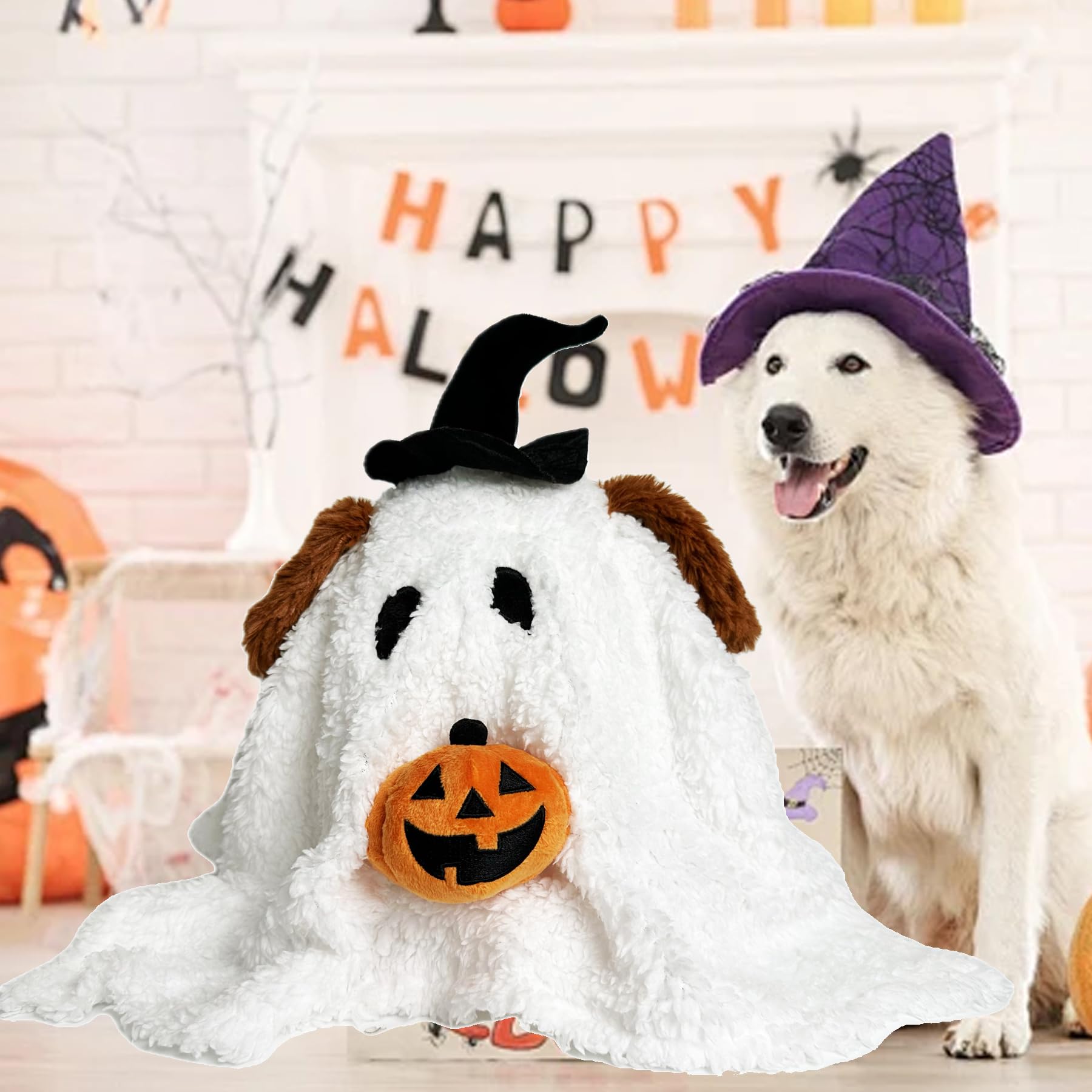 Rdogeia Ghost with Pumpkin Pillow,Dog Ghost Holding Pumpkin Plush,Cute Halloween Toys Halloween Stuffed Animal,Halloween Party Favors,Halloween Treat Bag Stuffers Gifts Kids Boys Girls