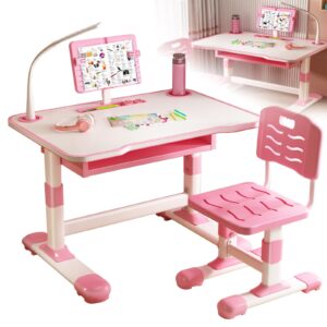 cuteam kids study desk chair set, height adjustable toddlers writing table with tiltable reading stand, living room bedroom children learning table with extra large drawer (pink)